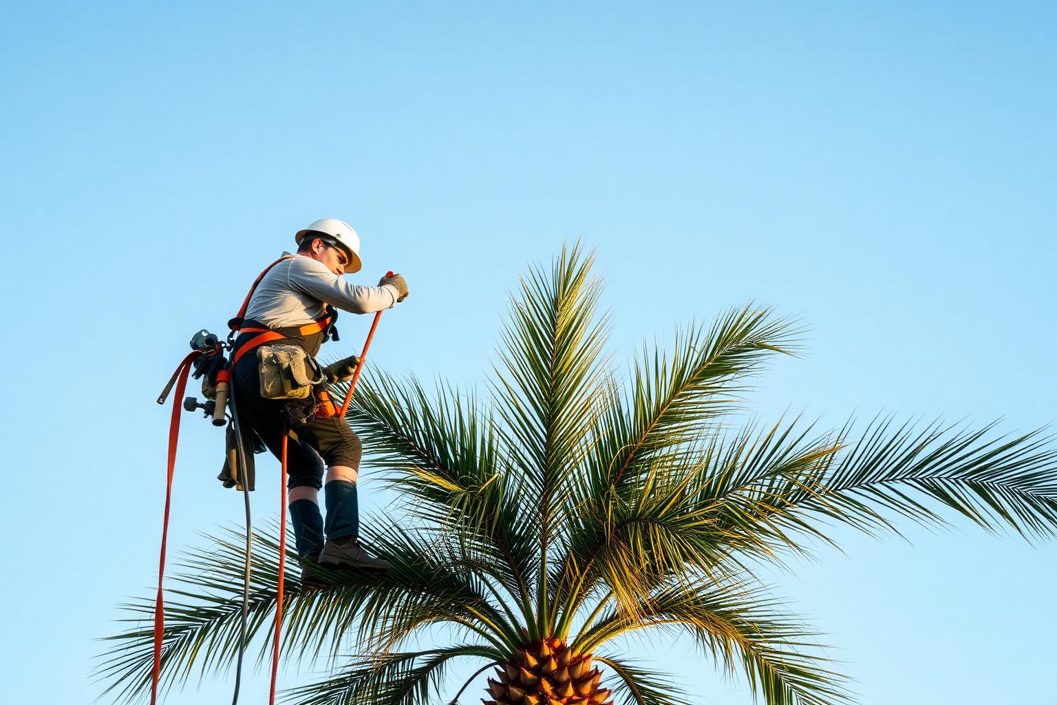Arborist trimming a tall palm tree in Lancaster, California